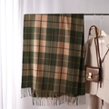 Detail of dark green and khaki plaid cashmere scarf with tassels in a minimalist setting - 200x65cm / Dark Green & Khaki Plaid (WT98-4)