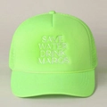 Macro shot of neon green trucker hat with SAVE WATER DRINK MARGS embroidery and rope detail - One Size / Fluorescent Green