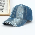 Unisex washed blue denim baseball cap with distressed ripped details for outdoor wear - Adjustable / Medium Blue