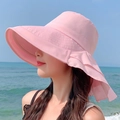 Women's pink wide brim sun hat with wavy edges for outdoor beach UV protection - Pink