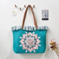 Bohemian teal canvas tote bag with mandala print and white fringe trim detail - Mandala Pattern