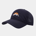 Detail of navy quick-dry baseball cap featuring sunrise mountain embroidery and air holes - Adjustable / Navy Blue