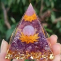 Orgone energy pyramid with pink sphere, golden lotus, and purple amethyst crystals - 6cm / A6-Pink Ball Lotus Purple Stones