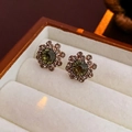 Vintage green flower stud earrings with olive stone and zircon in a jewelry box - Vintage Flower Stud Earrings - Olive Green (Silver Pin)