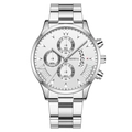 Men's chronograph watch with white dial, silver steel band and calendar display feature - White Dial Silver Hands Silver Band (Flat End)