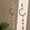 Detail of moon-shaped suncatcher with purple crystals and sparkling prism pendants - Purple Crystal