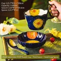 Van Gogh sunflower style blue ceramic mug with petal saucer and spoon set - Floral Impression (with Saucer & Spoon)