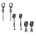 Set of 3 pairs of black stainless steel punk earrings with skull and spike charms - Set 28 (Black - Skull/Long Chain/Metal Spike)