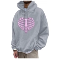 Men's grey hooded sweatshirt featuring pink heart ribcage print and drawstring hood - S / Tops / Gray