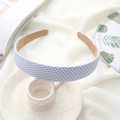 Blue and white plaid fabric headband with wide bow design and beige inner lining - Blue Plaid Wide Headband (FK-B045 Blue Plaid)