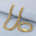 Golden titanium steel double-weave curb chain necklace and bracelet set with polished finish - 11mm Style C (KB184290-Z) / 21cm / Gold