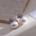 Elegant French vintage oval pearl earrings with sparkling rhinestones in silver finish - Silver