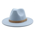 Top view of a light blue wide brim wool felt fedora with a brown braided band and silver buckle - M (56-58cm) / Sky Blue
