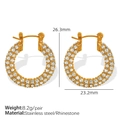 Golden stainless steel C-shaped hoop earrings with rhinestones measuring 26.3mm by 23.2mm - EH527 Gold Color Rhinestone Earrings