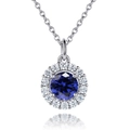 S925 sterling silver necklace with round dark blue gemstone and white zircon halo - Tanzanite Blue 【White Gold】