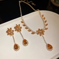 Champagne zircon flower and teardrop jewelry set with necklace and drop earrings - Gold-Light Coffee
