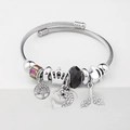 Silver Pandora style bracelet with colorful beads and tree of life charms on white background - C1-016 Black