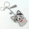 Gray and white rhinestone cat keychain with red bow tie, gray tassel and silver bell - Gray