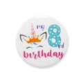 Cute unicorn tinplate badge for 8th birthday party featuring pink horn and number 8 - Number 8