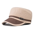 Side detail of a khaki cotton military cap with brown leather strap and metal badge. - Adjustable / Beige