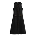 French style sleeveless black tweed dress with gold buttons and braided trim detail - XS / Black