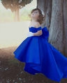 Royal blue satin flower girl dress with off-shoulder design and high-low hemline tail - Royal Blue / 80cm