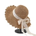 Khaki handmade straw hat with white lace bow and wide wavy brim on a display stand - L (58-60cm) / Star Applique Decor Khaki