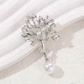 Elegant silver tree brooch featuring clear rhinestones and a large white pearl pendant - Tree of Life Pearl Pendant Style (QT0801)
