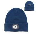 Navy blue knitted beanie with integrated LED light module for outdoor night visibility - 4-LED Ponytail Style / Navy Blue