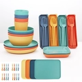 Deep blue wheat straw dinnerware set with bowl, plate, cup, and cutlery in a storage box - Mixed Colors Square Plate 56pcs Set