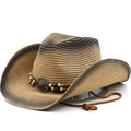 Handmade straw cowboy hat with gradient brim and beaded band on white background - M(56-58cm) / Khaki Black