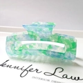 Detailed side view of large rectangular hair claw clip with blue and green marble texture - 4# Blue Green Terrazzo