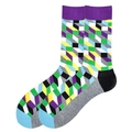 Bunte Herrensocken mit geometrischem Rautenmuster in lila und grünen Farbblöcken - 38-46 / Mehrfarbig Würfel Geometrisch (1098C)