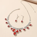 Silver bridal jewelry set featuring pear-cut red crystal necklace and matching earrings - Pear Shape Luxury Set / Red