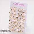 Golden 18K plated 2mm thick stainless steel hoop earring set with 12 pairs in shiny finish - 12 Pairs/Pack (Inner Diameter 12mm) / Gold