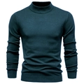 Macro view of the ribbed turtleneck and fine knit texture on a men's peacock blue sweater - Dark Green Collar