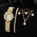 Gold fashion watch set with Roman numerals and sparkling diamonds for women - Golden Jewelry 5-Piece Set