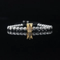 Silver textured beads bracelet with gold crown charm and zircon inlay on black base - Steel Color Gold Crown with White Zircon