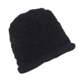 Detail of black crochet knit beanie with 3D floral patterns and rolled edge texture - One Size / Black