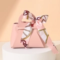 Pink faux leather trapezoid wedding candy gift bag with elegant silk scarf handle - Pink