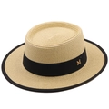 Cappello di paglia a cima piatta con nastro nero e lettera M dorata per protezione solare - M (56-58cm) / Beige