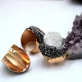 Adjustable gold hammered ring featuring a large pearl white raw druzy quartz crystal - Adjustable Open / Pearl White