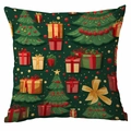 Dark green Christmas pillowcase with tree and gift box print on a white background - Dark Green Gift Box Big Bow (CDR354-7) / 45x45cm Single-sided No Insert