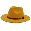 Close-up of ginger wool fedora hat featuring a brown leather strap and gold buckle detail - M(56-58cm) / Yellow (3 Rivets)