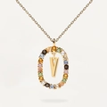 Collana in argento 925 dorato con cerchio di pietre colorate e ciondolo con lettera V d'oro - Collana con lettera V in pietre preziose multicolori / Argento 925 / 50cm (40+5+5cm)