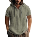 Chemise à capuche décontractée pour homme en lin vert haricot à manches courtes et boutons - XL / Vert Militaire