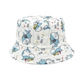 Close-up of kids bucket hat featuring cartoon shark prints and Nom Nom text details - White