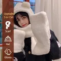 Winter white fleece hooded scarf set with bear ears and integrated glove pockets - Bear 3-Piece Set / White