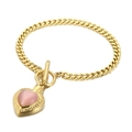 Bracelet gourmette doré avec pendentif cœur en œil de chat rose et fermoir en T - Bracelet en Or avec Pierre Oeil de Chat Rose (KB113936-Z)