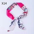 Pink twilly silk scarf with vintage carriage wheel pattern and decorative knot detail - X14-Multi